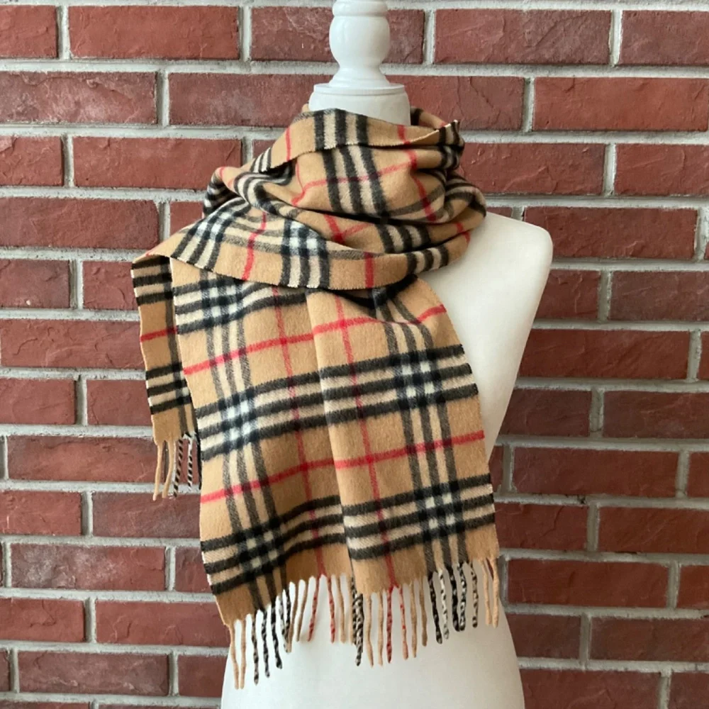 •Burberry London Classic Nova Check Plaid Wool Cashmere Fringed Scarf 56”x12”